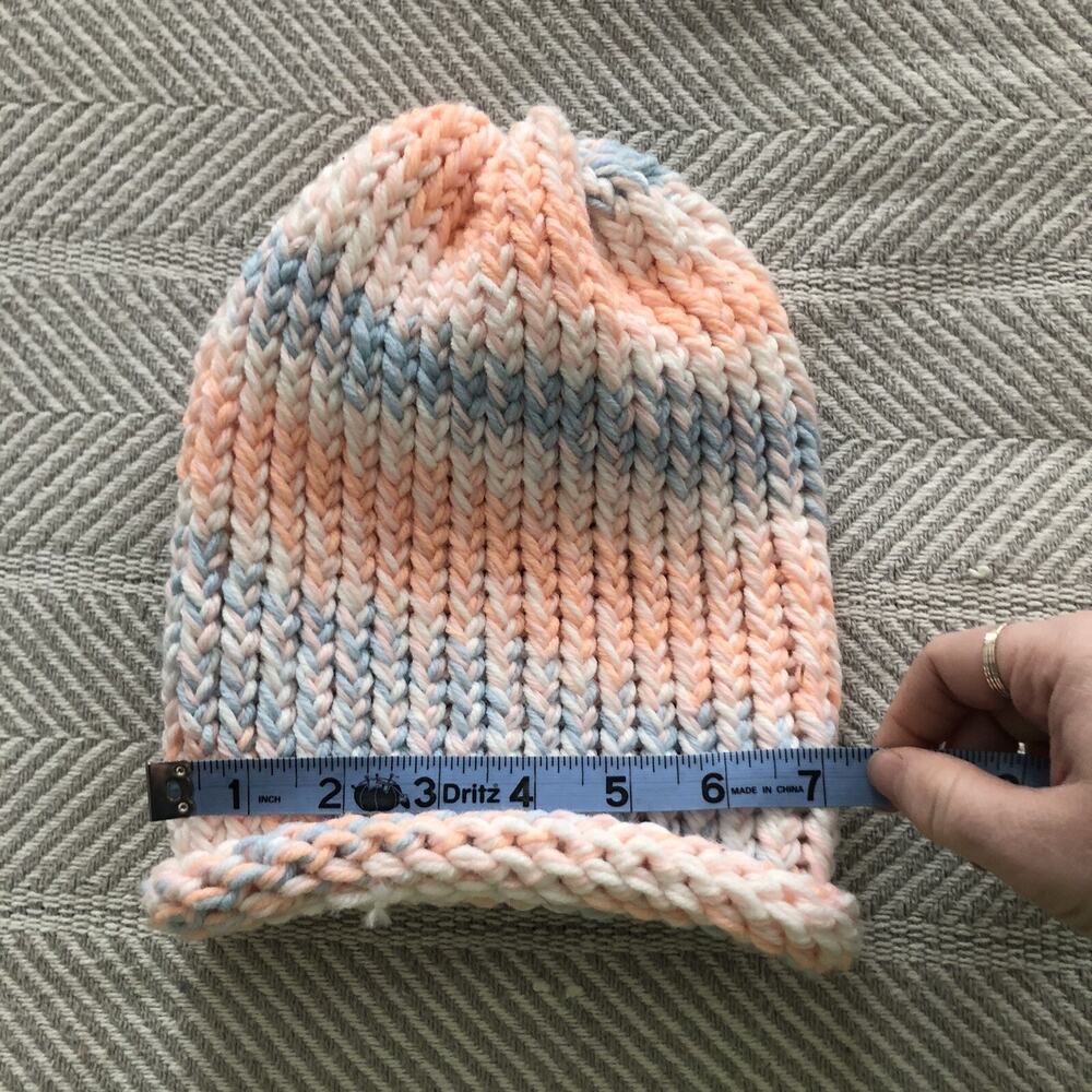 Beautiful Hand Knitted Beanie Sock Hat Chunky Pastel Pink Peach Blue White - Picture 4 of 4